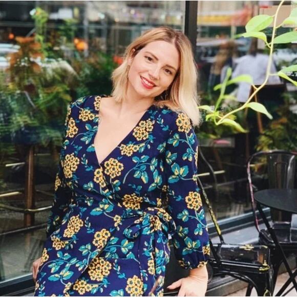 J. CREW Golden Floral Wrap Dress 365 Crepe Blue Yellow {PP39} - Picture 1 of 8